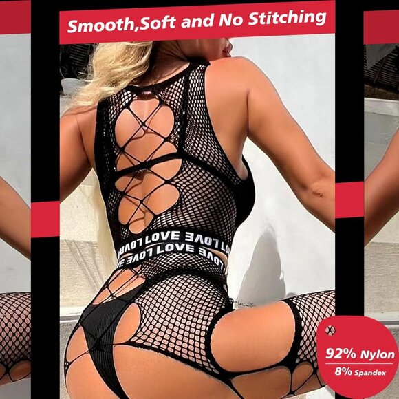 Naughty Black Fishnet Bodysuit - Alluring Plus Size Teddy for Every Occasion - Picture 5 of 6